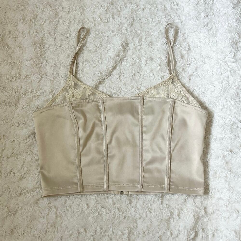 beige satin bustier style crop top